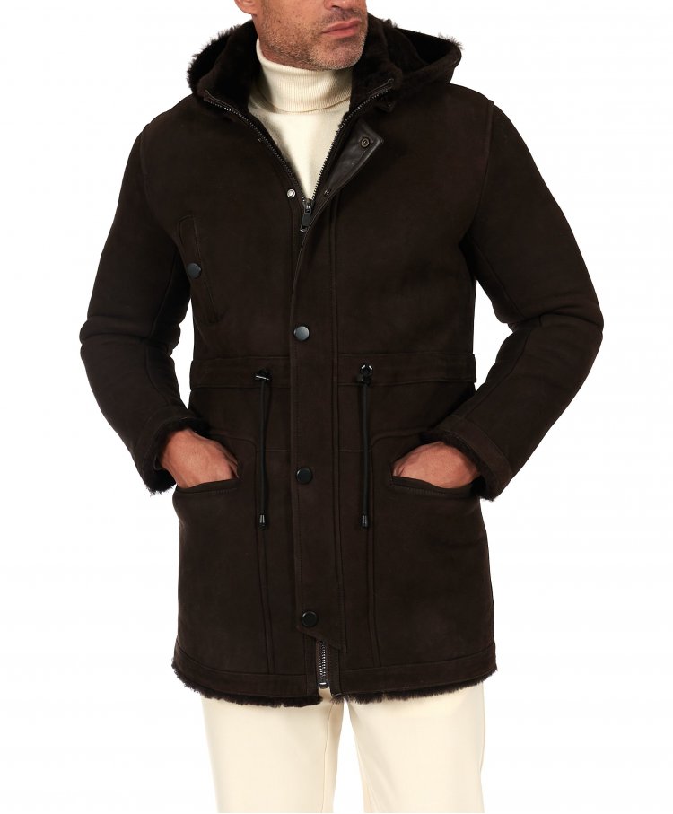 Shearling lamb coat in dark brown with detachable hood  