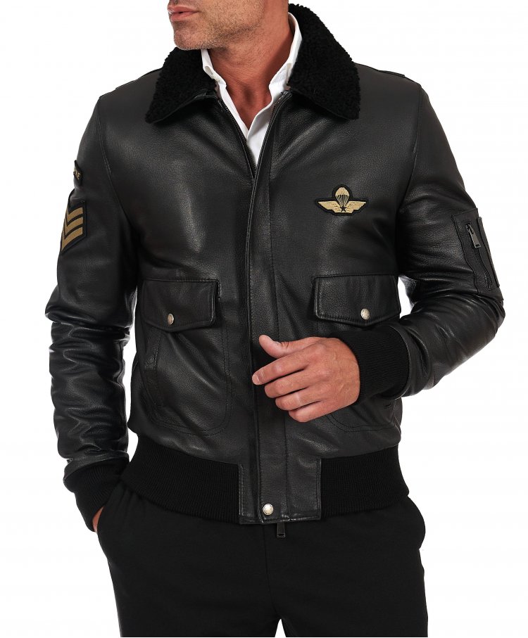 Black wrinkled leather bomber jacket shearling collar