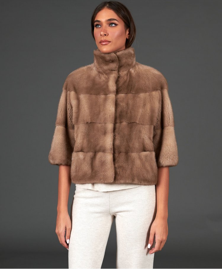 Mink fur jacket sleeve 3/4 ring collar • dove grey color