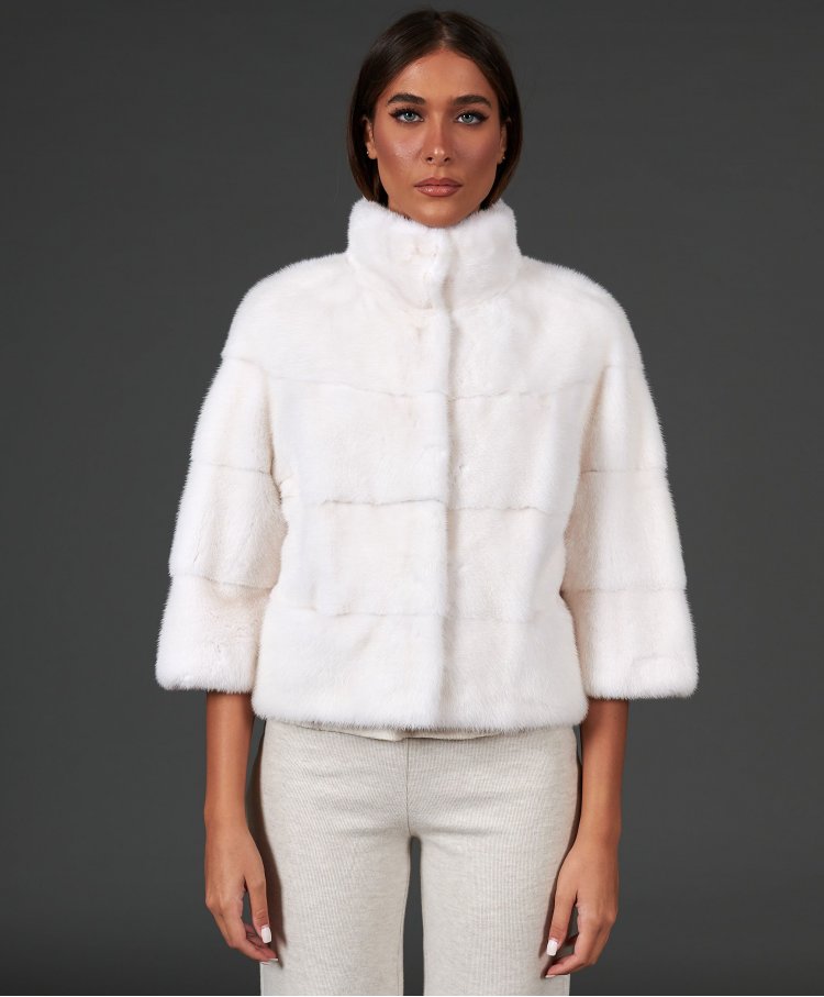 Mink fur jacket sleeve 3/4 ring collar • white color