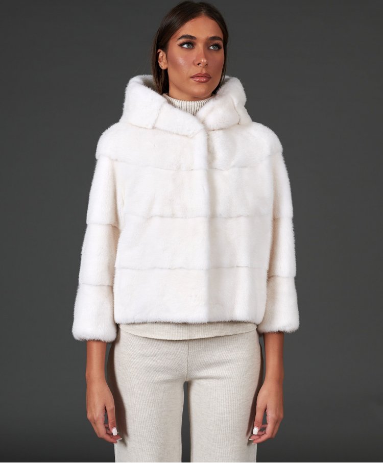 Mink fur hooded jacket with sleeve 3/4 • white color