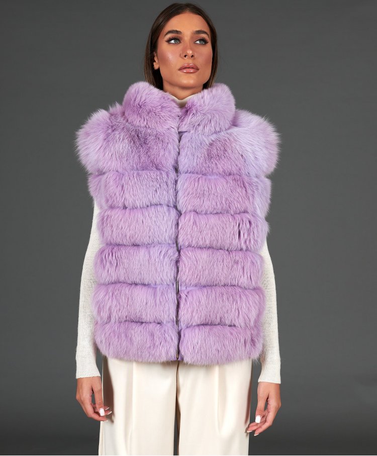 Short fox fur sleeveless jacket • lilac color