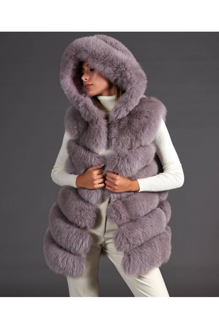 Sleeveless fox fur jacket with hood and clips • grey color