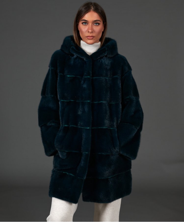 Mink fur hooded coat long...