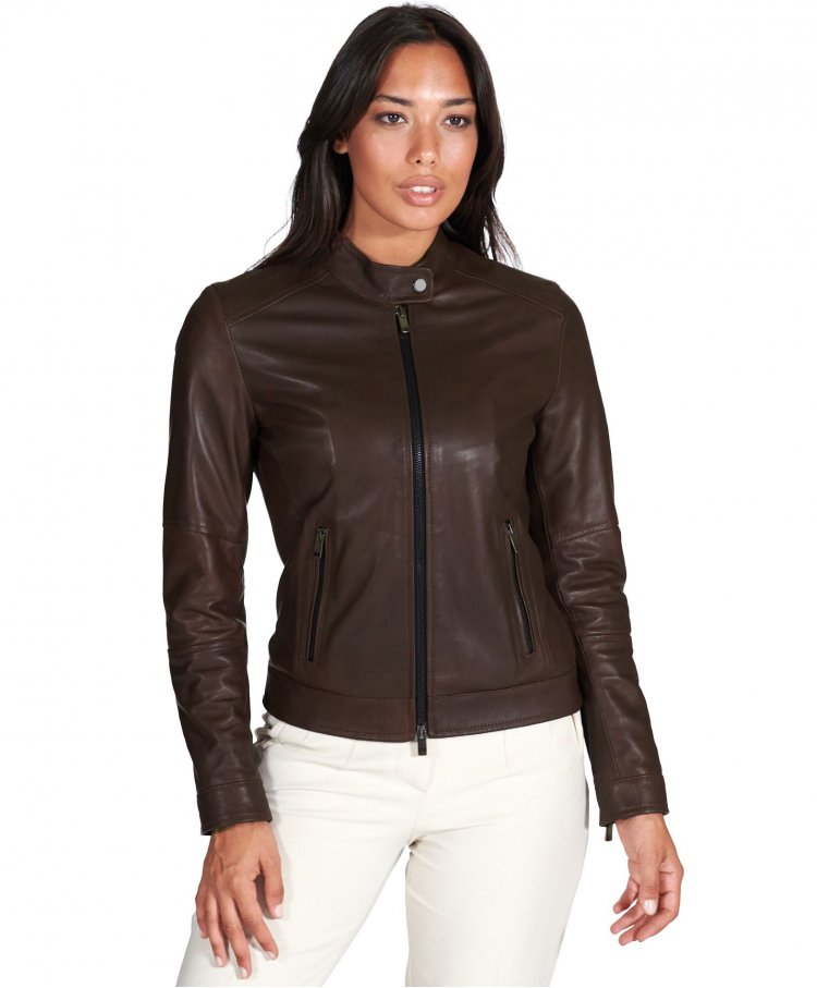 Dark brown pull up lamb leather biker jacket vintage effect