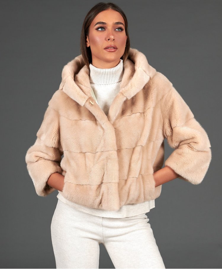 Mink fur hooded jacket with sleeve 3/4 • beige color