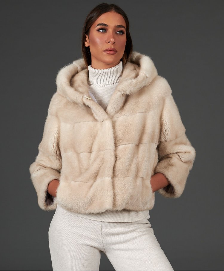 Mink fur hooded jacket with sleeve 3/4 • pearl color