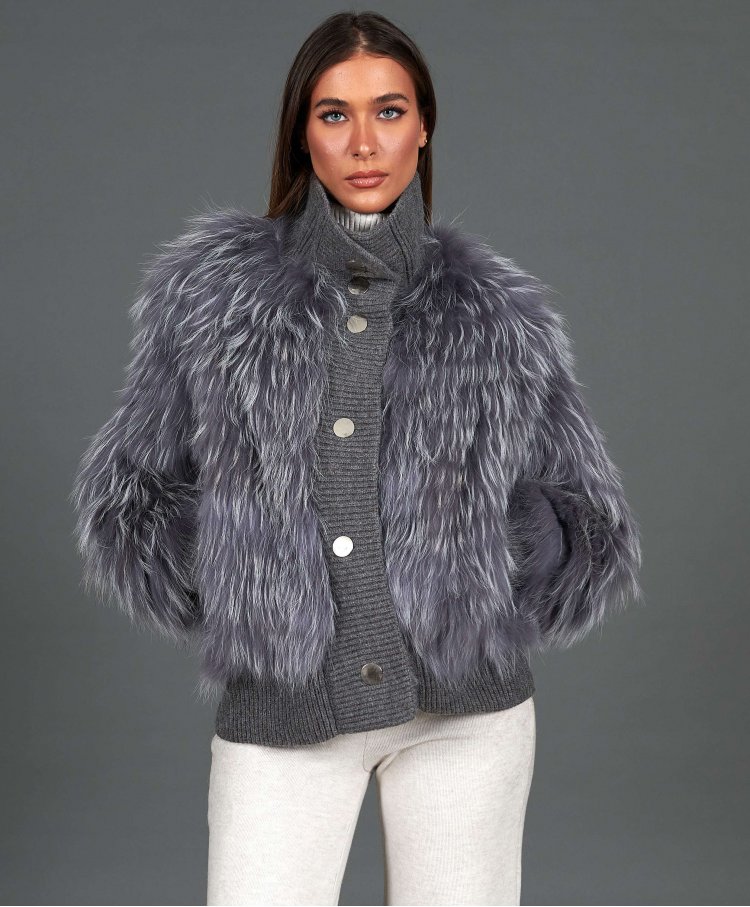 Filletted fox fur jacket bomber with press buttons • grey color