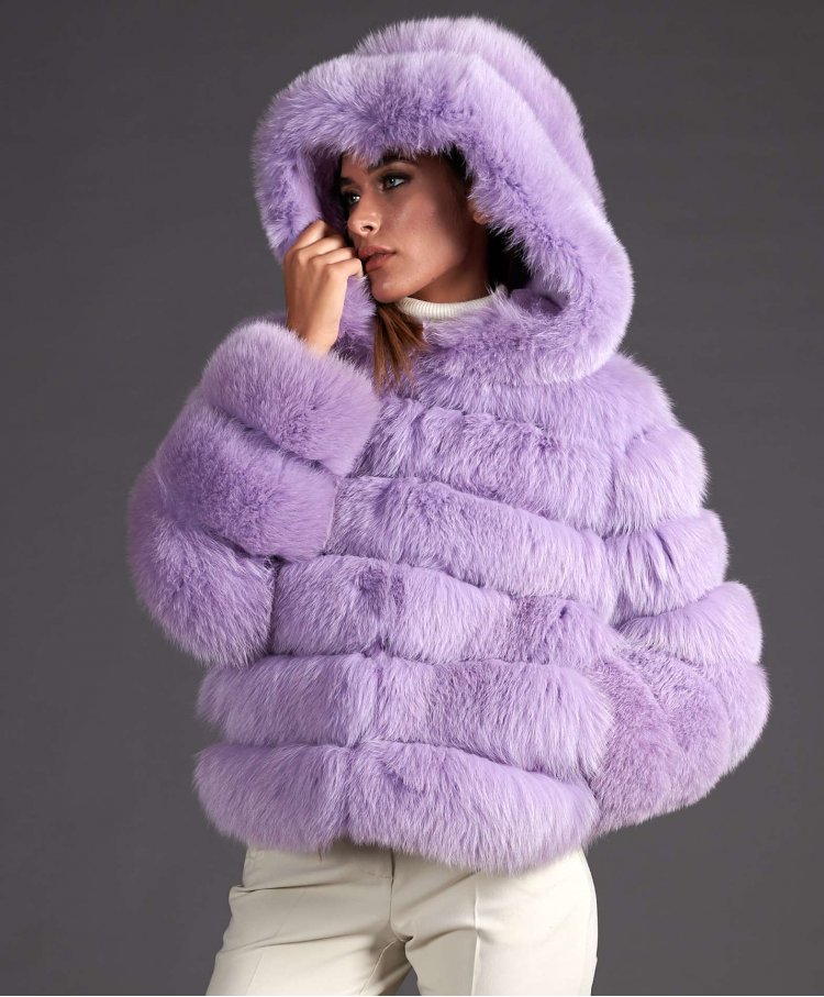 Short fox fur jacket with hood • lilac color  