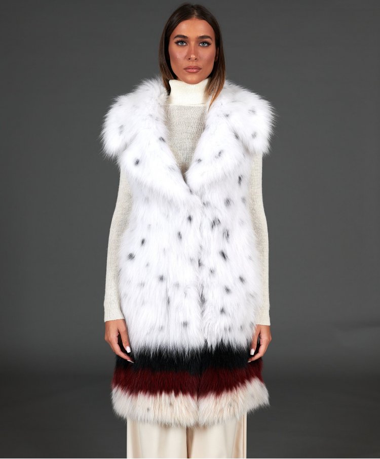 Sleeveless fillet fox fur coat ring collar • white multicolor