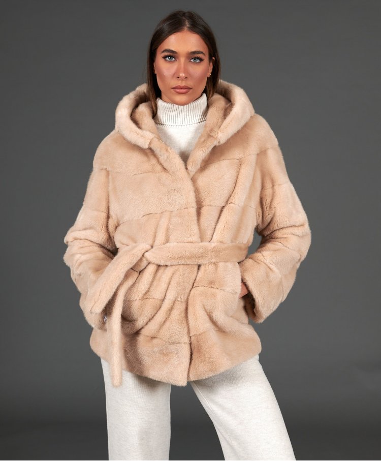 Mink fur jacket with hood and belt • beige color