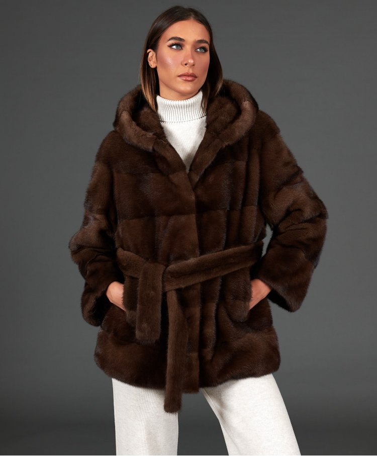 Mink fur jacket with hood and belt • brown color