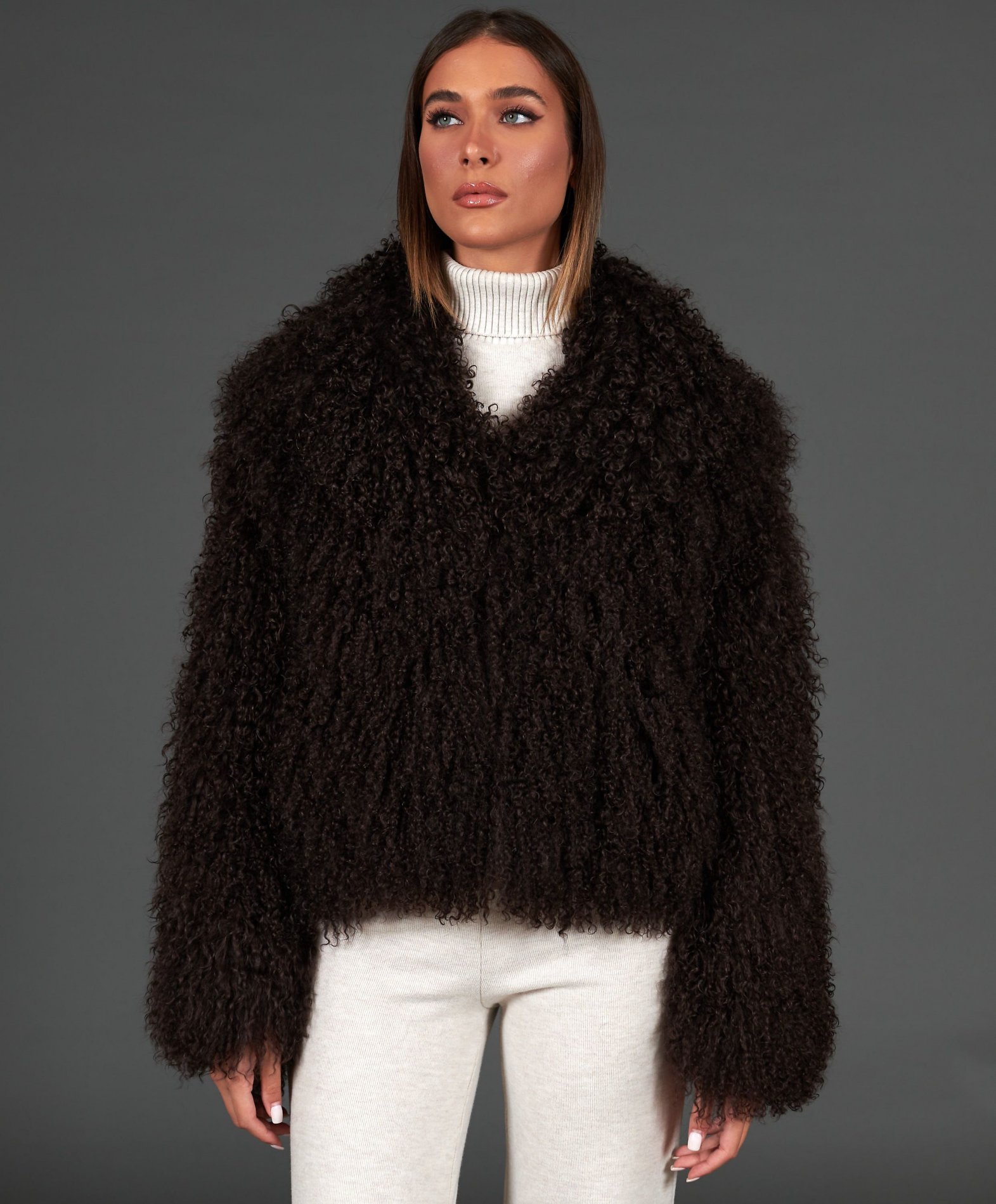 Black mongolian fur jacket best sale