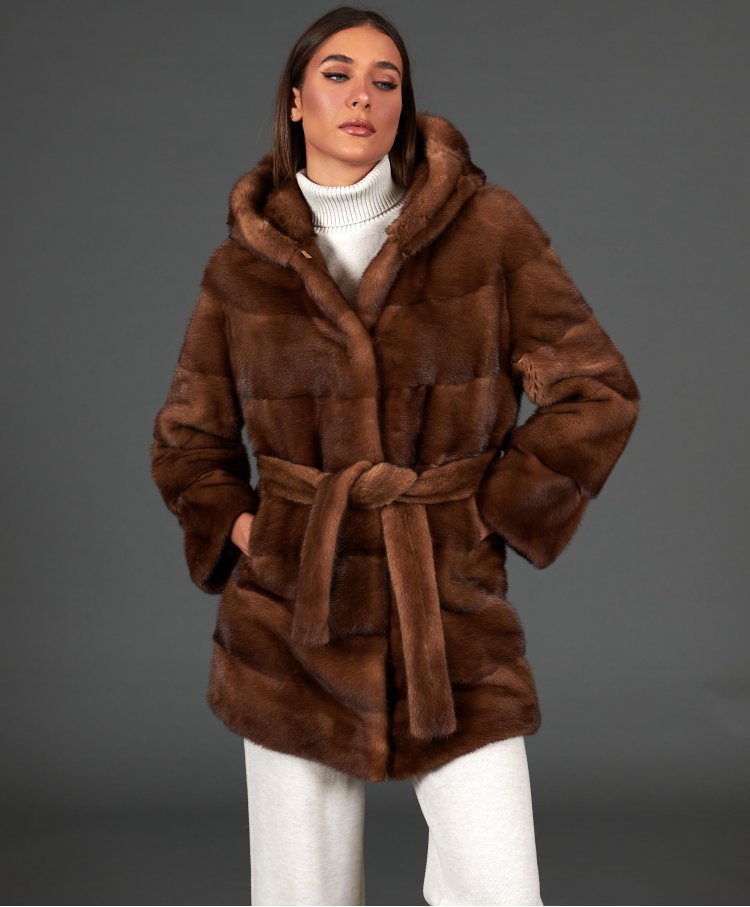 Mink fur jacket with hood and belt • honey color