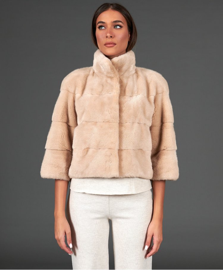 Mink fur jacket sleeve 3/4 ring collar • beige color