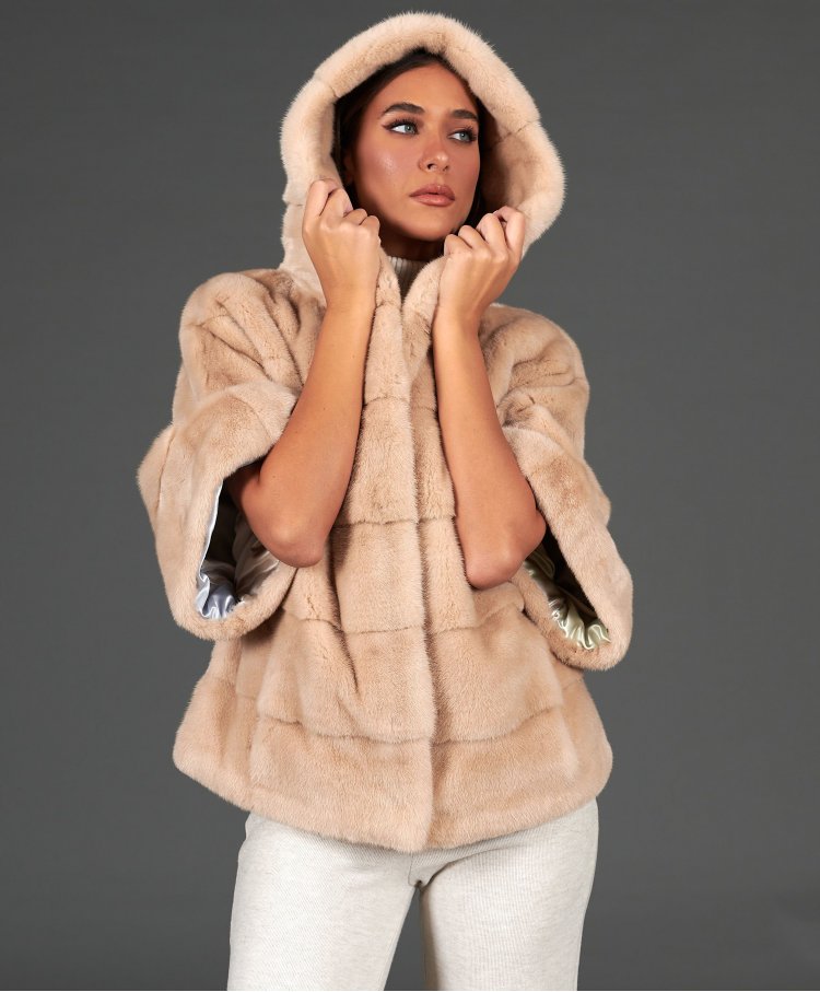 Mink fur jacket cape style with hood • beige color