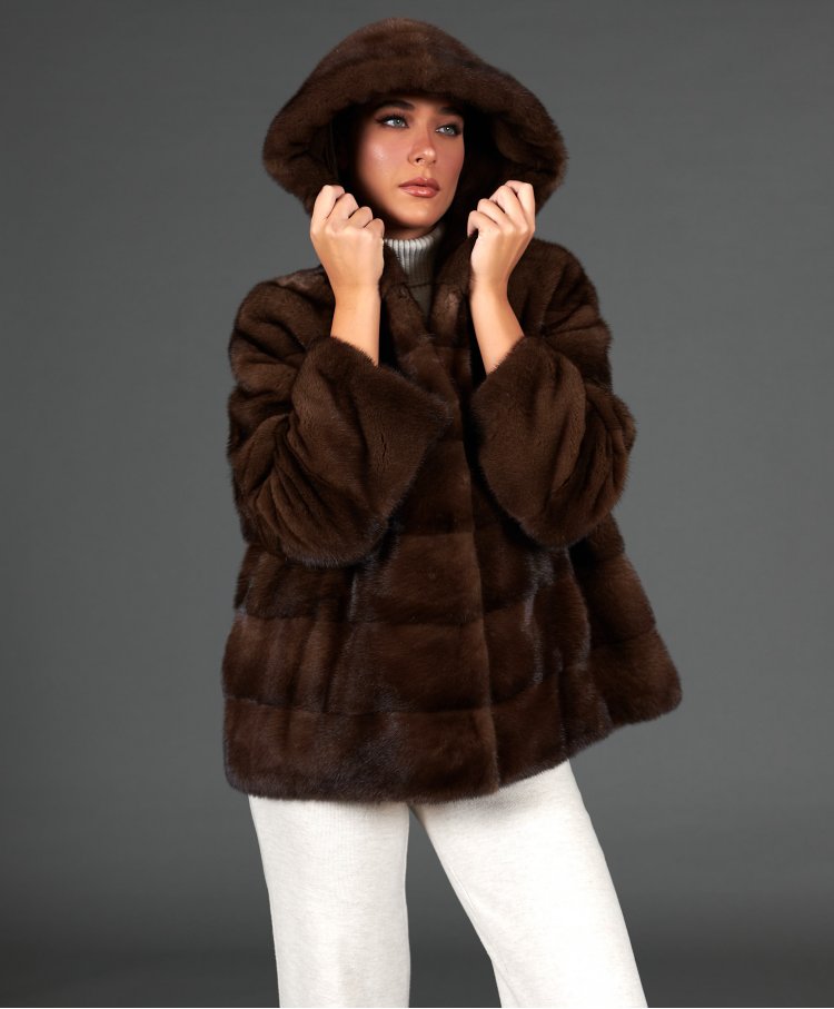 Mink fur jacket long sleeve and hood • brown color