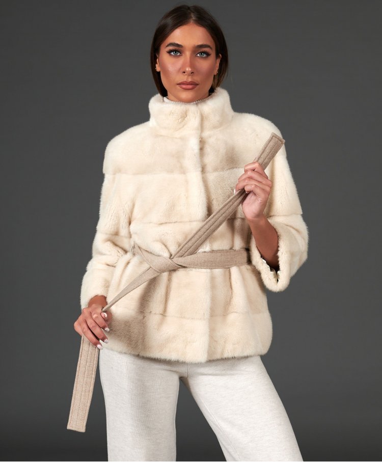 Mink fur jacket with cashmere belt • pearl color