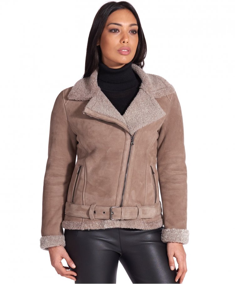 Taupe shearling lamb belted biker jacket cross zipper