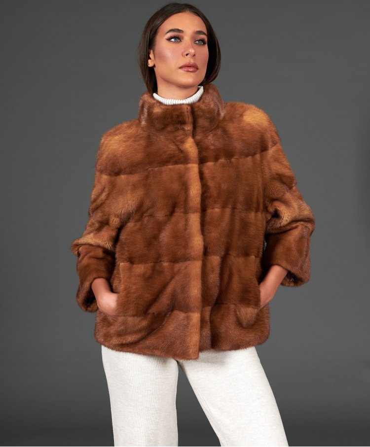 Mink fur jacket sleeve 3/4 ring collar • honey color