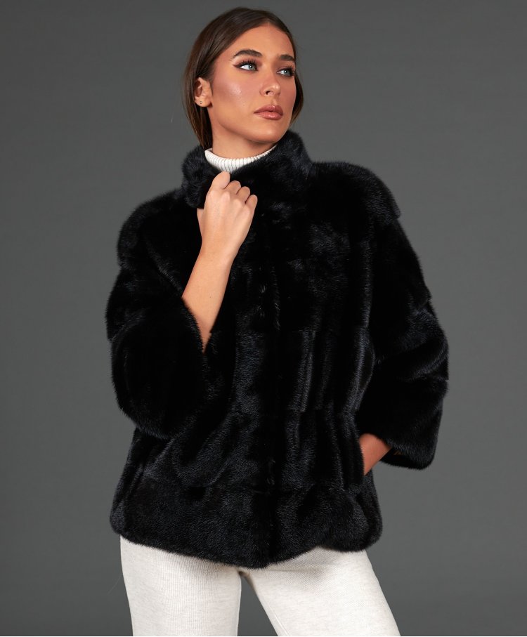 Mink fur jacket sleeve 3/4 ring collar • black color