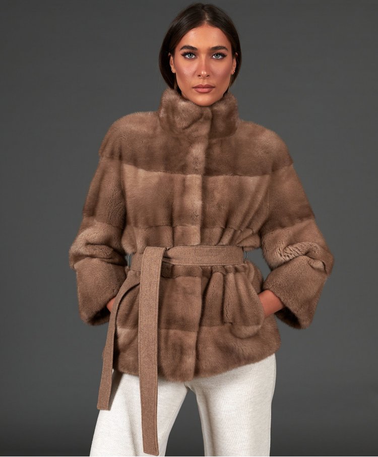 Mink fur jacket with cashmere belt • palomino color