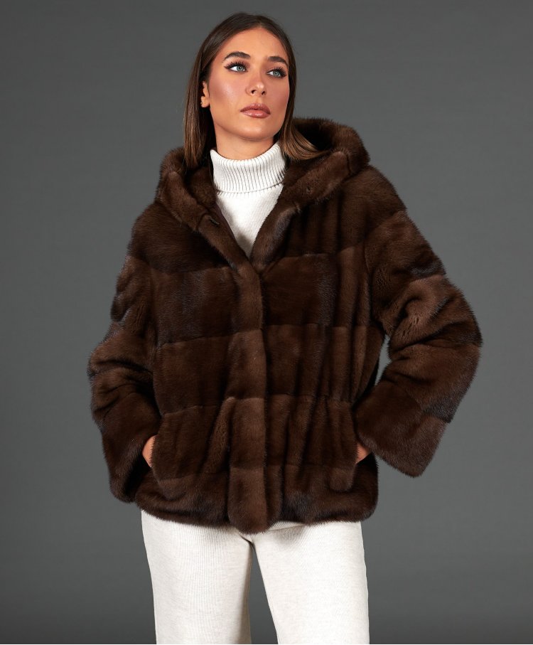 Mink fur jacket long sleeve and hood • brown color