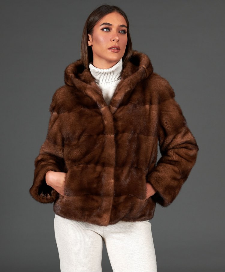 Mink fur hooded jacket clip closure • honey color