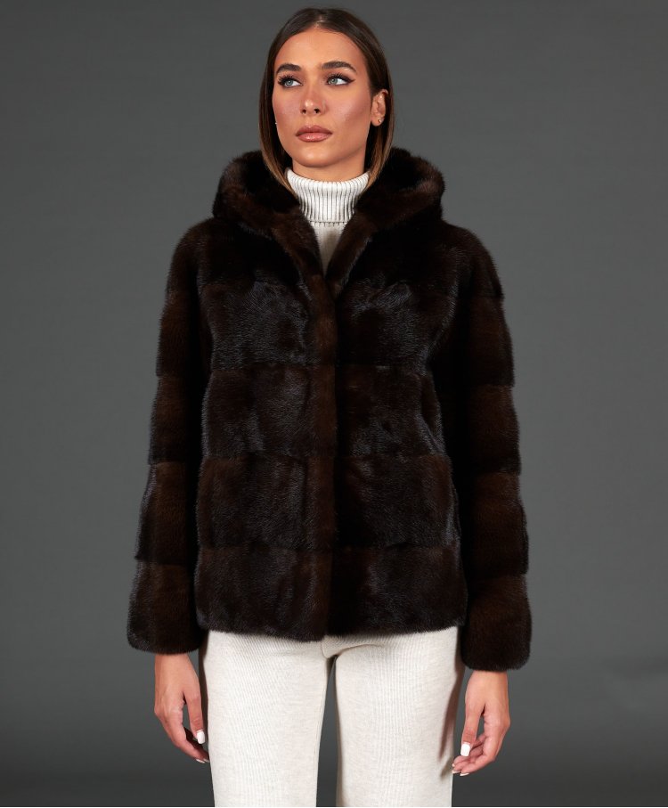 Mink fur hooded jacket clip closure • mahogany color