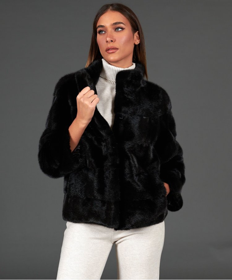 Mink fur jacket sleeve 3/4 ring collar • black color