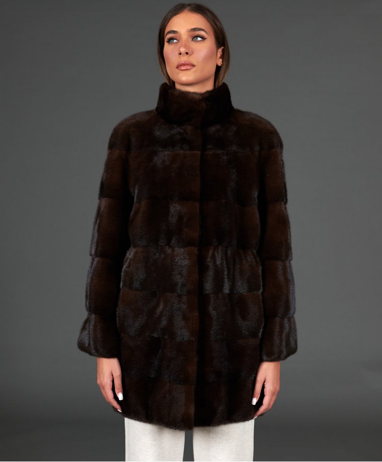 Mink fur coat ring collar and long sleeve • mahogany color