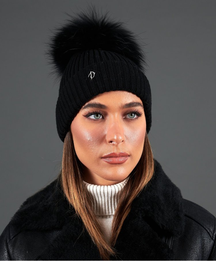 Black beanie hat with black fur pompom