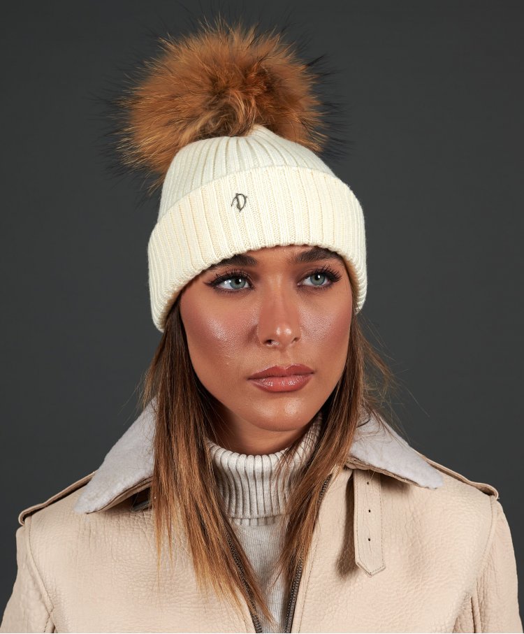 Cream beanie hat with natural fur pompom