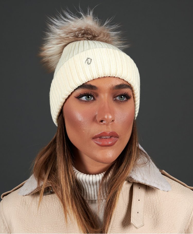 Cream beanie hat with pastel fur pompom