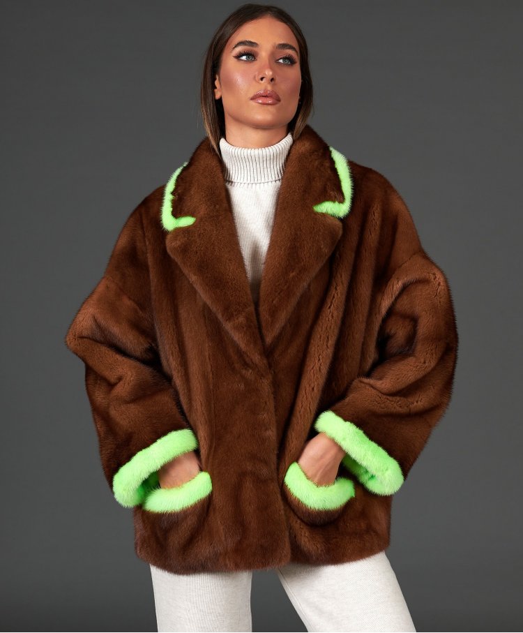 Mink fur jacket with green fluo profiles • honey color