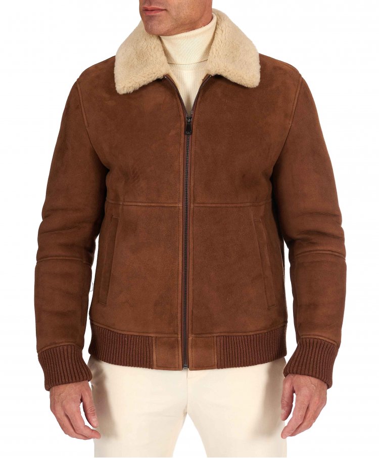 Tan suede shearling bomber jacket shirt collar