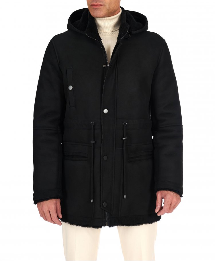 Shearling lamb coat in black color with detachable hood  