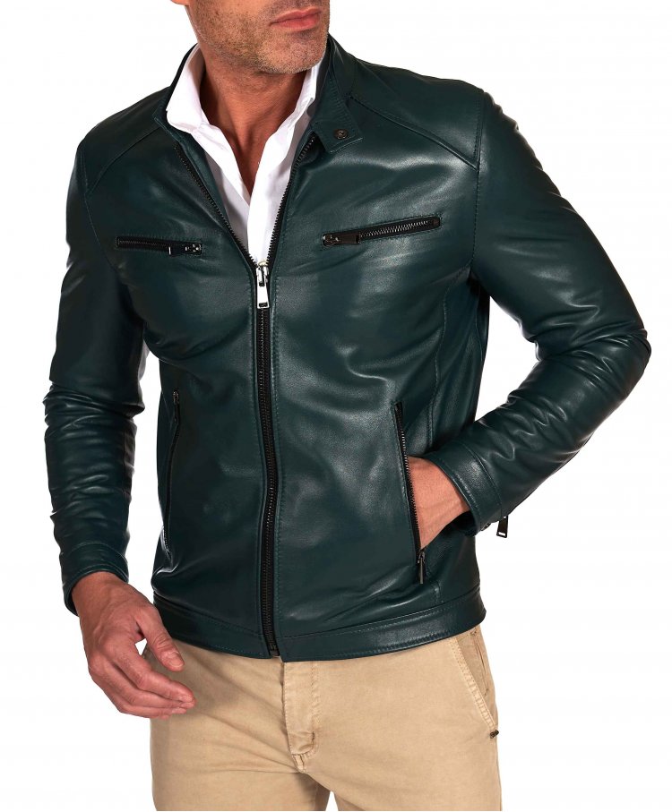 Green natural leather biker jacket four zipper pockets