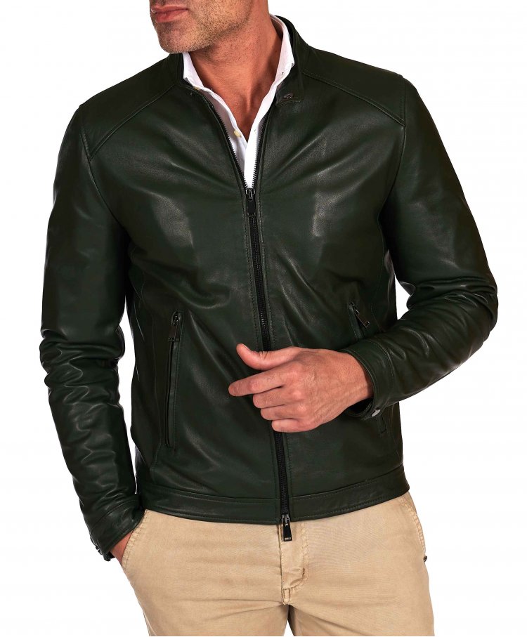 Green natural leather biker...