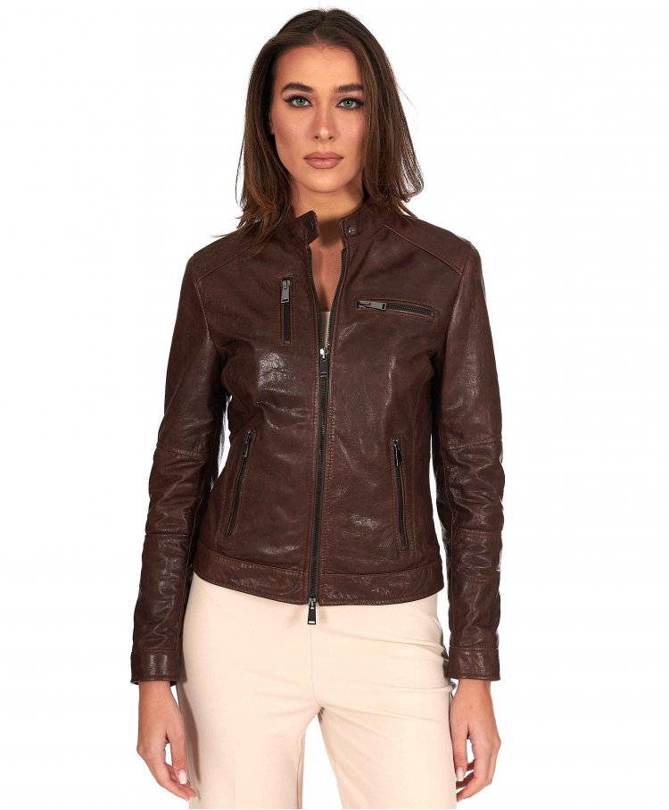 Dark brown vintage leather biker jacket four zipper pockets