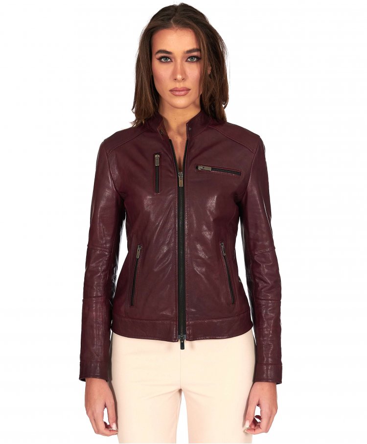 Bordeaux vegetable leather biker jacket four zipper pockets