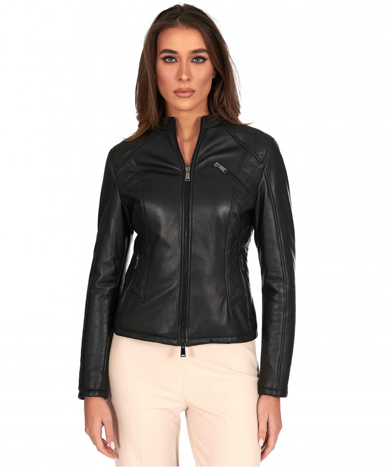 Black quilted nappa lamb leather biker jacket with zipper pockets