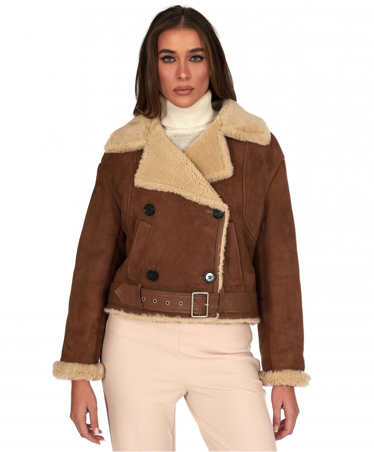 Tan suede shearling biker jacket with belt and buttons  