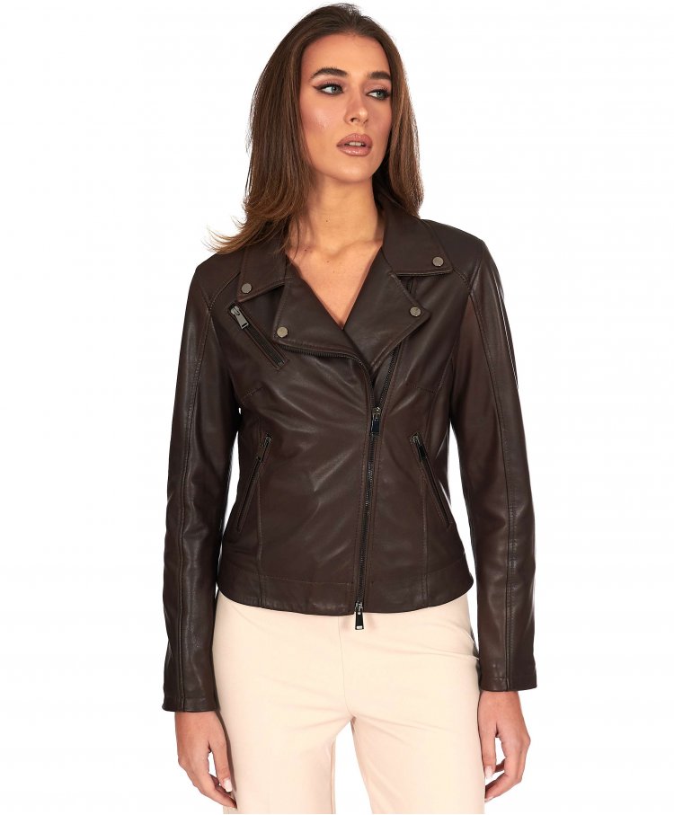 Dark brown natural leather biker jacket cross zipper