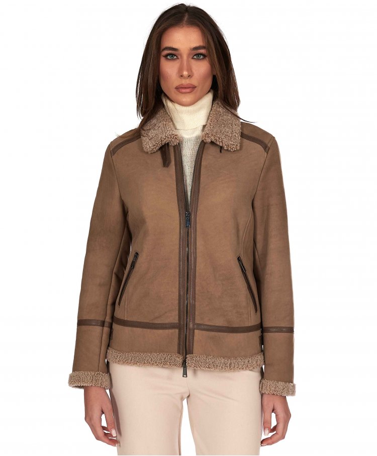 Taupe shearling lamb biker jacket buckles and central zipper