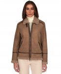 Montone shearling fango con fibbie e cerniera centrale