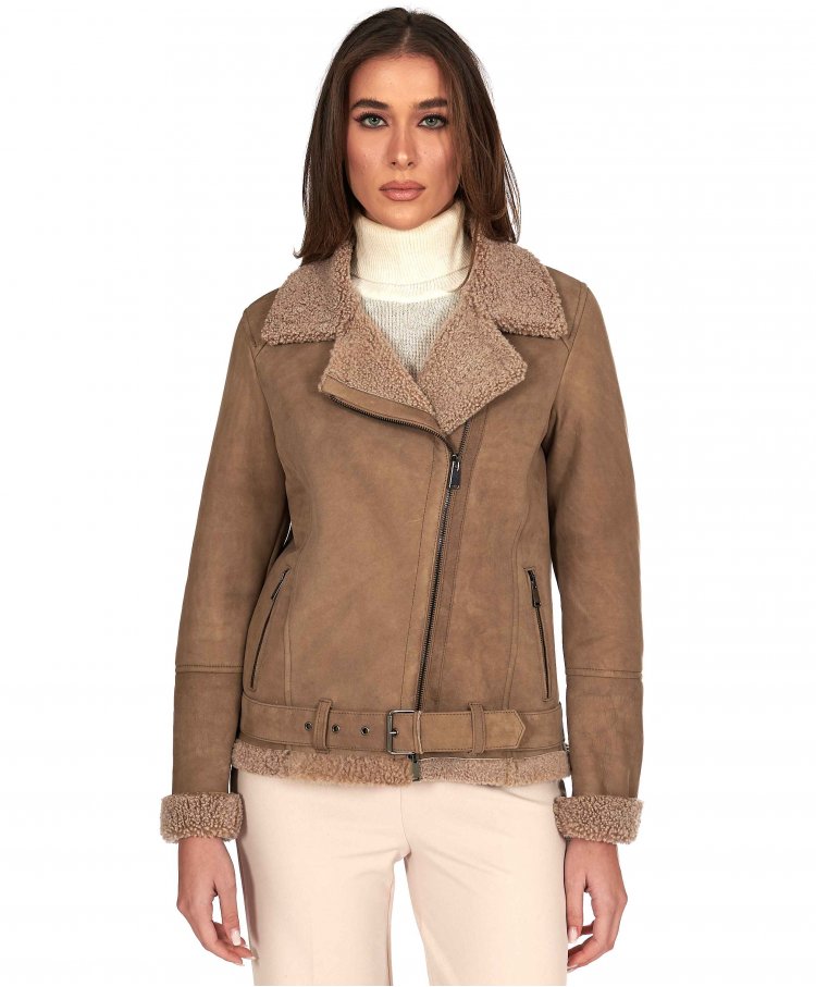 Taupe shearling lamb belted...