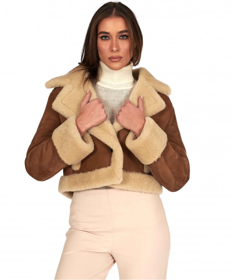 Tan suede shearling jacket short version smooth effect