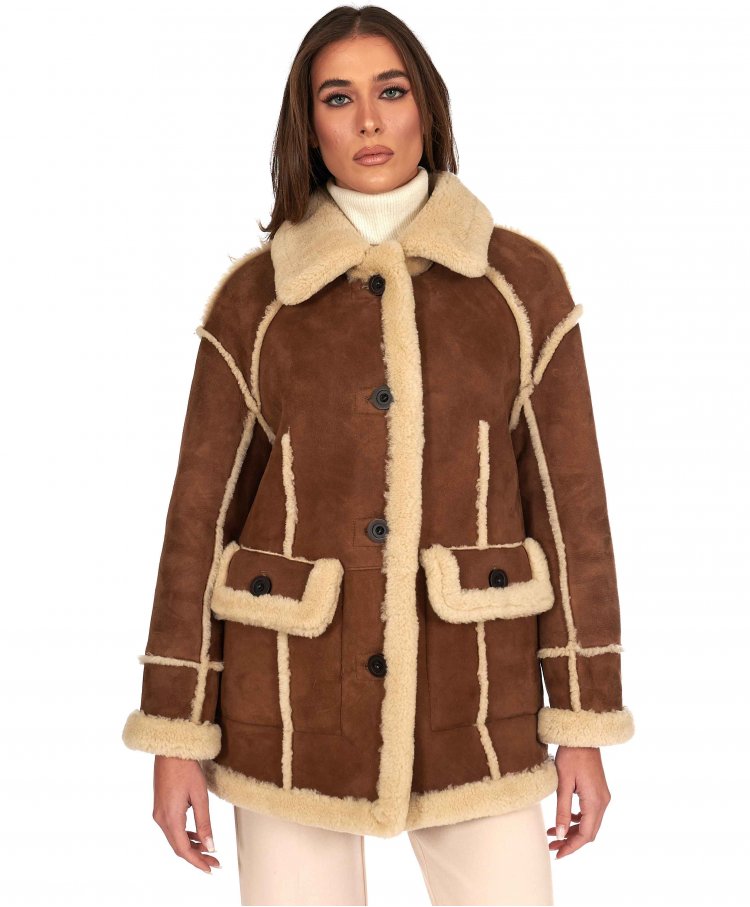 Tan suede shearling jacket long version