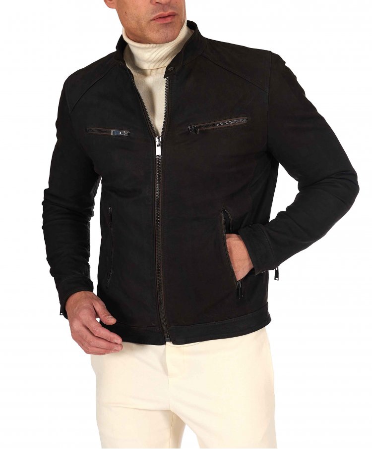 Dark brown nubuck leather jacket wrinkle effect